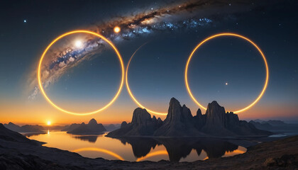 Twin suns pirouetting in a stellar ballet, flaring golden arcs across sapphire planetary skies