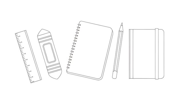Colecci&oacute;n de papeler&iacute;a que incluye regla, cuaderno y l&aacute;piz sobre blanco  