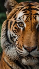 Fototapeta premium Majestic Gaze: Close-up portrait of a Bengal tiger, highlighting the striking details of its face and piercing eyes. A symbol of strength and beauty