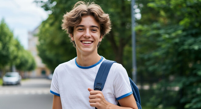 Smiling teenager boy walking to school with backpack on his back