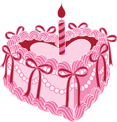 Line art drawing bow ribbons around pink heart shape Happy Birthday cake , clipart coquette aesthetic for design element . Vector illustration.	
