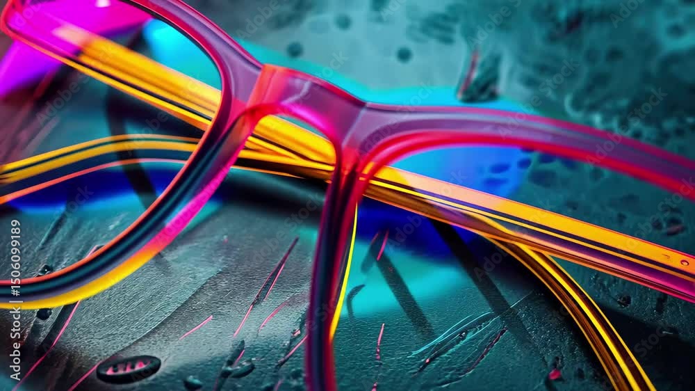 Poster colorful glasses resting on a wet surface showcasing vibrant reflections with a dynamic and artistic