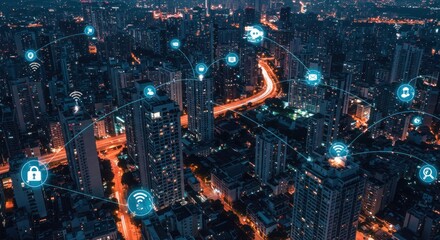 Cybernetic cityscape glowing threads weave technology into the urban fabric