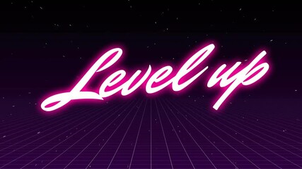 After grid pause, neon pink cursive text appearing, glitching into "Level up" signaling upgrade - Powered by Adobe