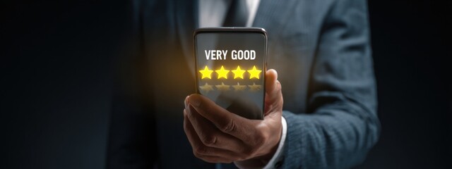 Business professional holds smartphone displaying five-star review with strong feedback during nighttime event