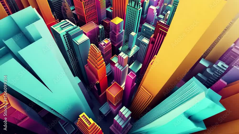 Poster colorful aerial view of vibrant city skyline with modern architecture in a digitally rendered design