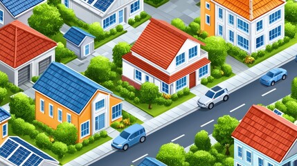 Charming Neighborhood with Stylish Houses and Green Spaces, Featuring Solar Panels and Cozy Streets