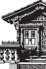 Fototapeta premium Ancient Slavic architecture, the patterns are made with wood carvings. Hand drawn vector illustration