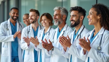 Group of happy doctors applaud in clinic. International medical professionals team wears white coats, stethoscopes. Diverse staff celebrates success. Healthcare, hospital, medicine concept.
