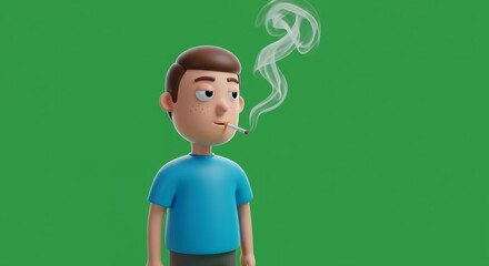 Cartoon Illustration Young Man Smoking, 3D Render, Green Background