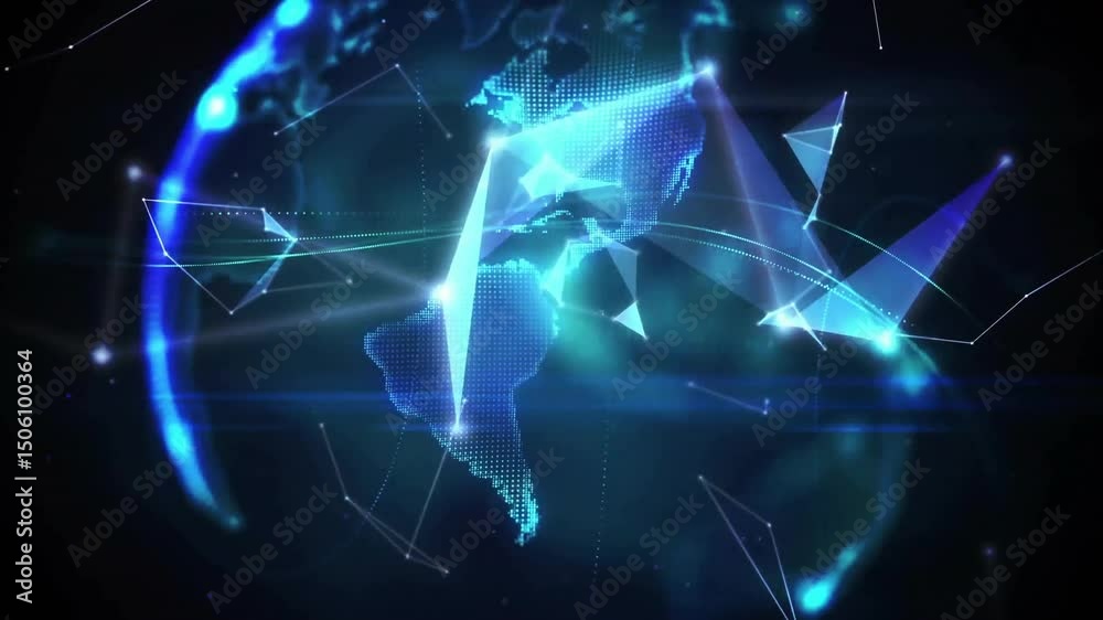 Poster on initialization green hexagon unfolding into rotating wireframe globe to represent global network