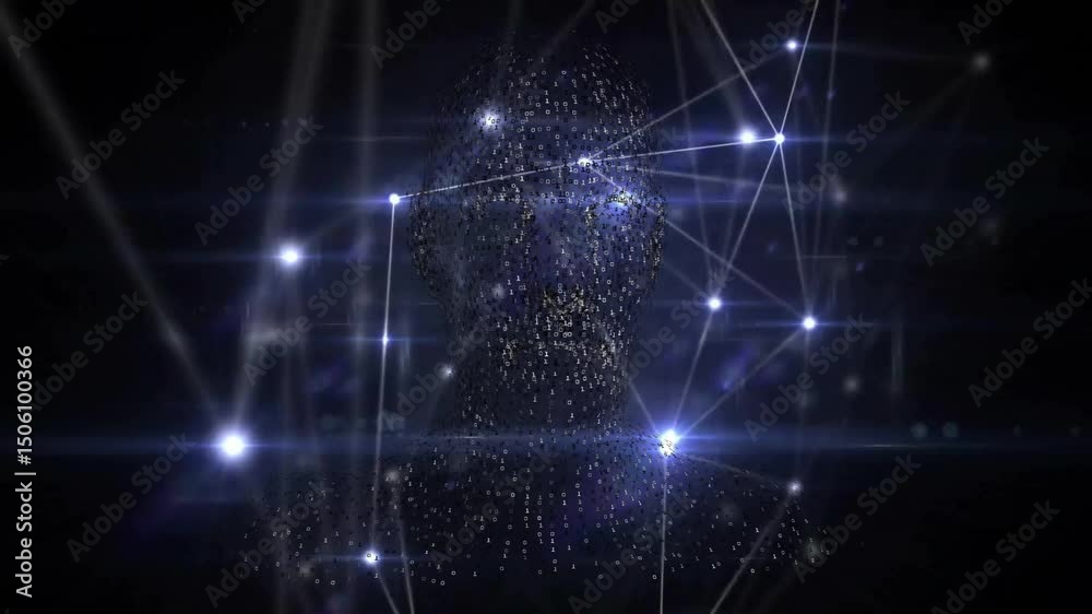Poster scattered nodes coalescing into head, pulsating center node then scattering to show network