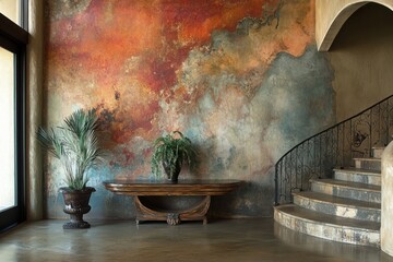 Elegant foyer with ornate wall mural