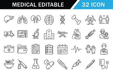  Medical and Healthcare icon set. Containing doctor, medicine, lungs, heart, hospital, treatment, healthcare, pills, and more
