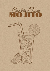 Trendy Vintage Poster with Doodle Mojito Cocktail and Retro Typography on Kraft Paper Background. Modern Summer Card with Hand Drawn Line Art Icon Element. Eco Brown Kraft Sheet Texture.