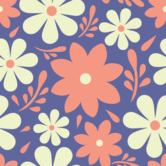 Floral pattern with daisy and botanical elements in coral and ivory colors on a purple background