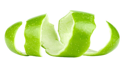 Green apple peel curling in the air with transparent background