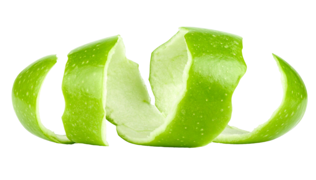 Green apple peel curling in the air with transparent background