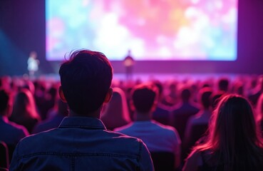 Audience listening speaker presentation seminar in neon lights. People in meeting hall listen speech, lecture. Business conference event, education courses. Back view faceless people focus speaker.