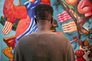 Person standing in front of vibrant and colorful abstract artwork in an urban gallery setting. Viewing back of person's head while they engage with modern art display