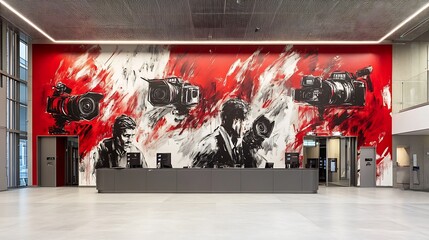 Modern newsroom features a dynamic mural depicting reporters cameras and breaking news headlines in bold strokes Shades of deep red steel gray and white create urgency and professionalism