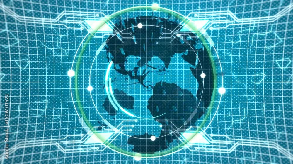Poster on loading start earth globe rotating with pulsating nodes animating arcs to visualize global data