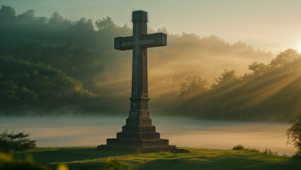 Huge stone cross built on an island under the sunlight