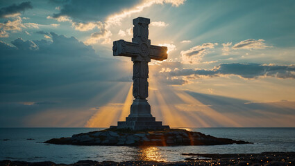 Huge stone cross built on an island under the sunlight