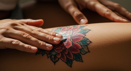 Close-up of a person's hand applying cream to a vibrant floral tattoo on the leg. Focus on skin care, body art, and a detailed, colorful design.