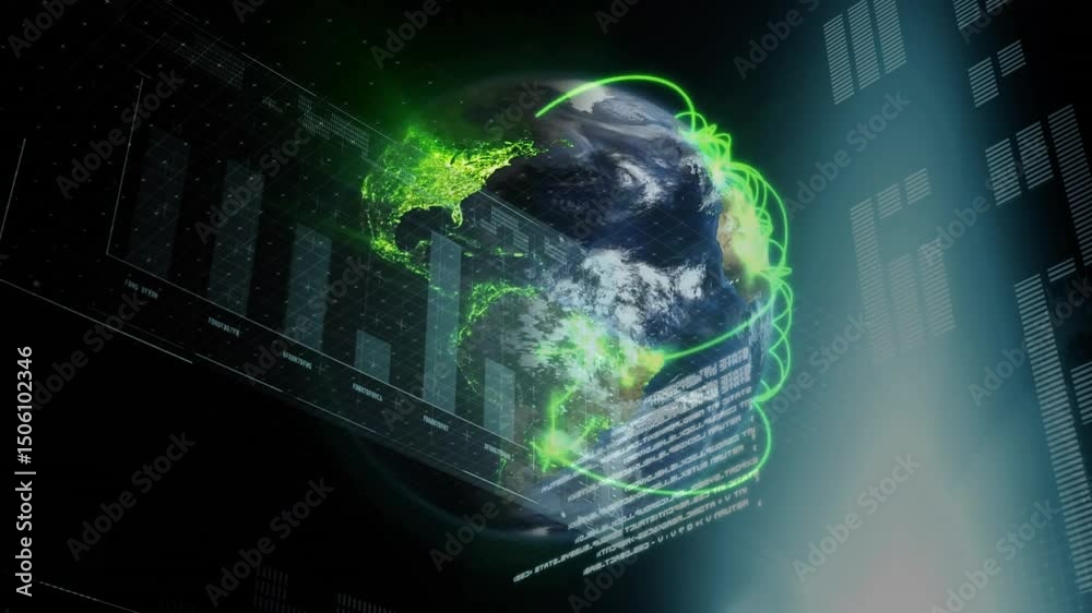 Poster light beam unveiling globe while ui panels sliding and neon arcs looping to show data links