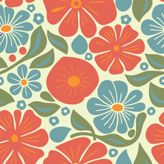 Whimsical floral seamless pattern with retro colors perfect for decorative backgrounds and designs