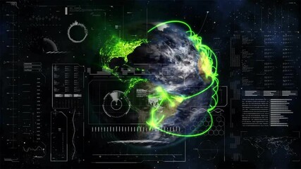 Opening rotating globe receiving fading HUD, tracing green links shooting arcs showing data route - Powered by Adobe