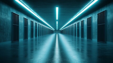 Long Illuminated Prison Corridor with Harsh Fluorescent Lights