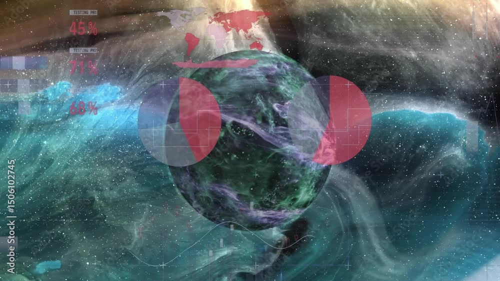 Poster planet drifting into view causing panels appearing charts forming map emerging and showing stats