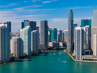 Naklejka premium Miami skyline. Miami skyscraper cityscape. Miami city skyline view of Brickell key. Miami downtown. Skyscraper building. Cityscape building downtown. Travel destination. City architecture