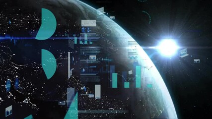 Triggered by sun flare, rotating Earth hemisphere revealing charts conveying global data trends - Powered by Adobe