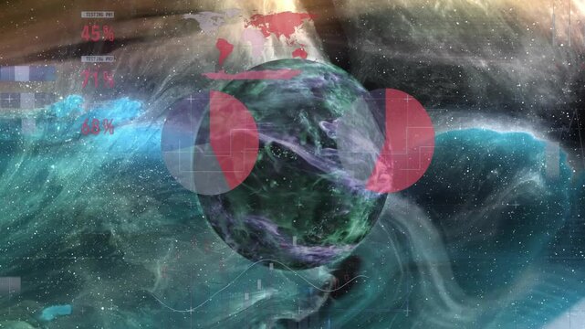 Planet drifting into view causing panels appearing charts forming map emerging and showing stats