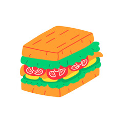 Tasty sandwich hand drawn vector illustration. Toasted bread, fresh lettuce, juicy tomatoes. Graphic element