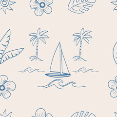 Summer minimalist print with sea beach image. Seamless pattern for summer vacation. Hand drawn palm tree, exotic flowers and yacht. Vector flat illustration.