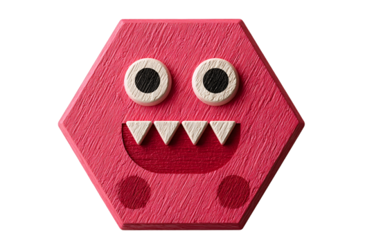 Playful Hexagonal Wooden Monster with Big Eyes and Sharp Teeth