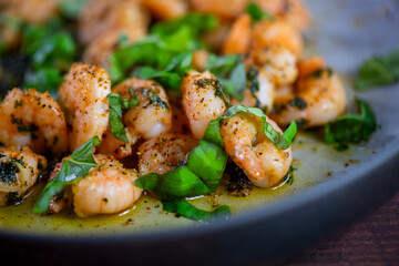 Jumbo Shrimp Scampi Sauteeing in Butter and Olive Oi