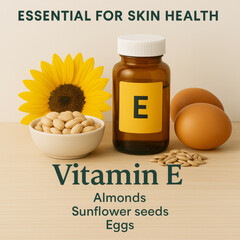 Vitamin E supplement bottle is displayed alongside almonds, sunflower seeds, eggs, and a sunflower, highlighting natural sources of this essential nutrient for healthy skin, infographics.