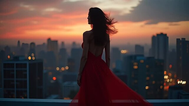Elegant Woman in Red Dress Standing on Rooftop with City Skyline at Sunset Creates a Dramatic and Hopeful Evening Scene