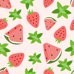 Seamless pattern with watermelon slices, strawberries and mint leaves. Summer print. Suitable for packaging, printing, textiles. Vector flat illustration.
