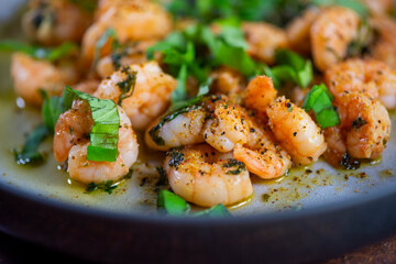 Jumbo Shrimp Scampi Sauteeing in Butter and Olive Oi