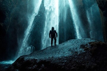 Man in rain gear inside hidden Glj&uacute;frab&uacute;i cave waterfall