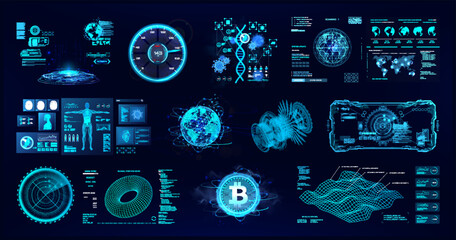 Sci-fi colorful HUD interface. Hi-tech UI with 3D elements - medicine, earth globe, bitcoin, technology. Control center dashboard with HUD, UI elements for games, interface, VR. Sci-fi graphic pack