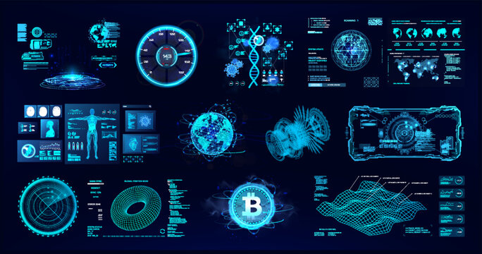 Sci-fi colorful HUD interface. Hi-tech UI with 3D elements - medicine, earth globe, bitcoin, technology. Control center dashboard with HUD, UI elements for games, interface, VR. Sci-fi graphic pack