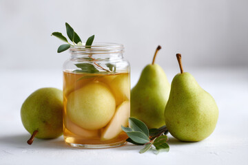 clear glass jar filled with pear compote showcasing juicy slices of pears submerged in syrup
