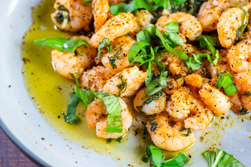 Jumbo Shrimp Scampi Sauteeing in Butter and Olive Oi